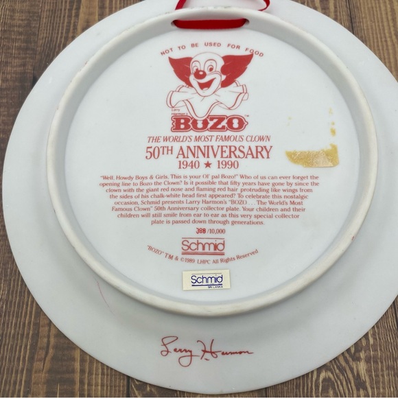 Schmid Bozo The Clown Plate Wall Plaque Vtg 50 Anniversary Porcelain 7 In Flaws - Picture 5 of 9